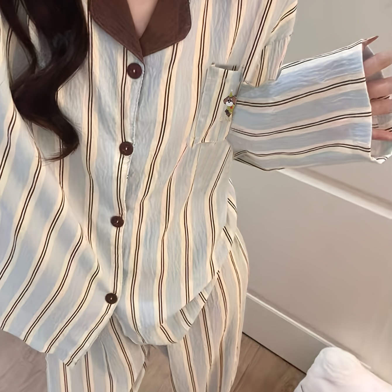 TEMU Spot High-quality Korean Sweet Cartoon Long-sleeved Trousers Pajamas Women's Spring And Summer Models Can Wear Two-piece Lapel Cardigan