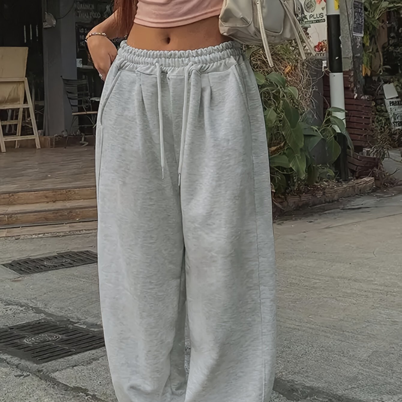 Image of Women's Fashion Solid Color Drawstring Pocket Casual Gray Loose Wide Leg Pants Fall Winter Clothing Trousers