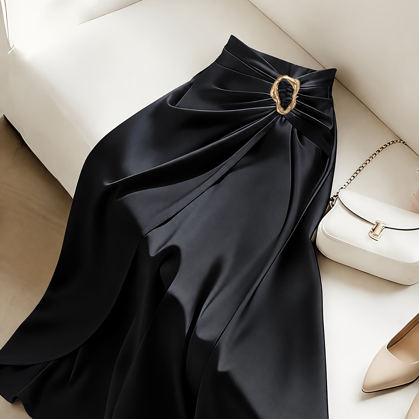 TEMU Zllz) Black Satin Midi Skirt, Metallic Ruched Waistband, Flowing Flared Slit Design, And Elegant, Suitable For And Banquets, Elegant Style