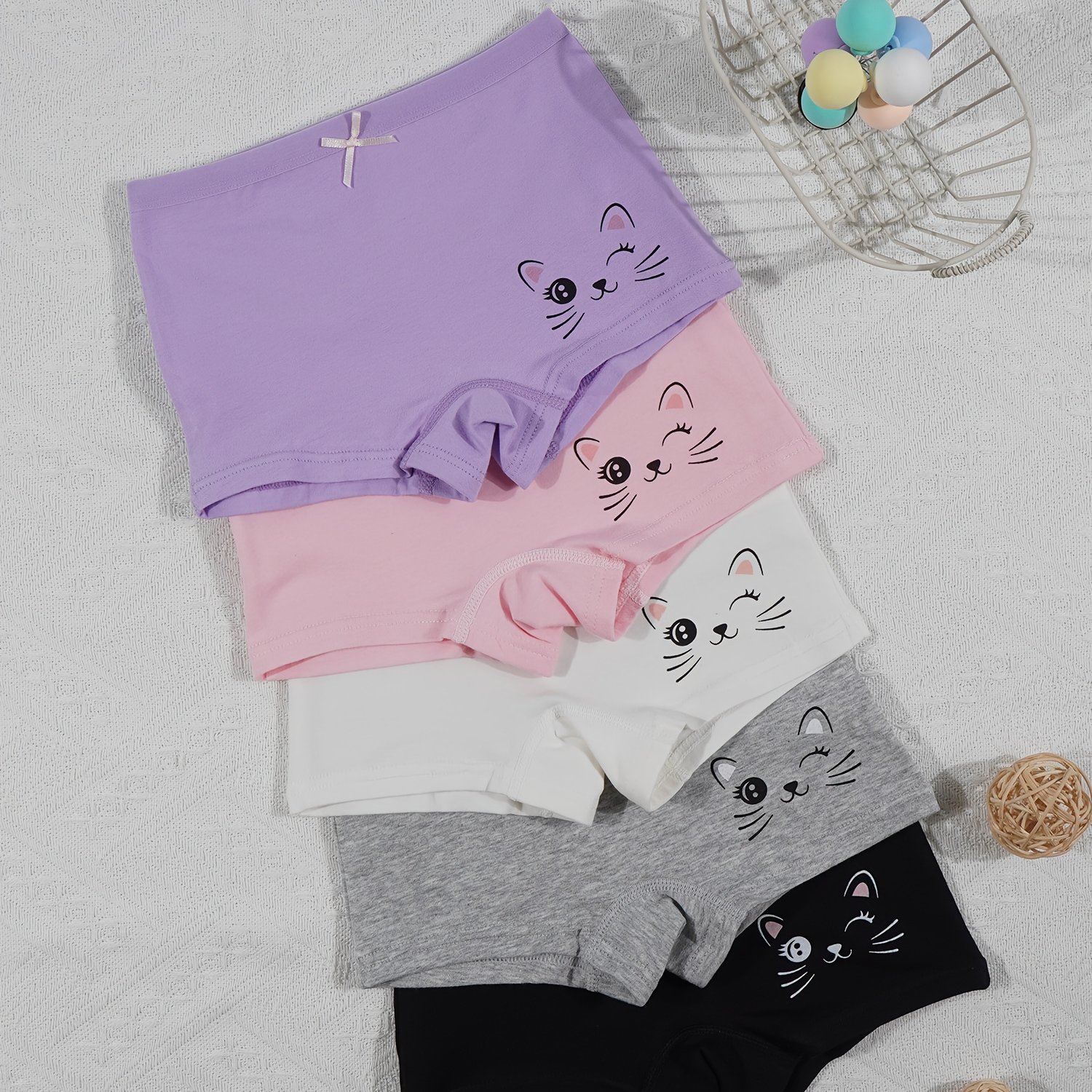 5pcs Girls' Underwear, Cartoon Cat , Bow Waistband, , , Comfortable Panties For