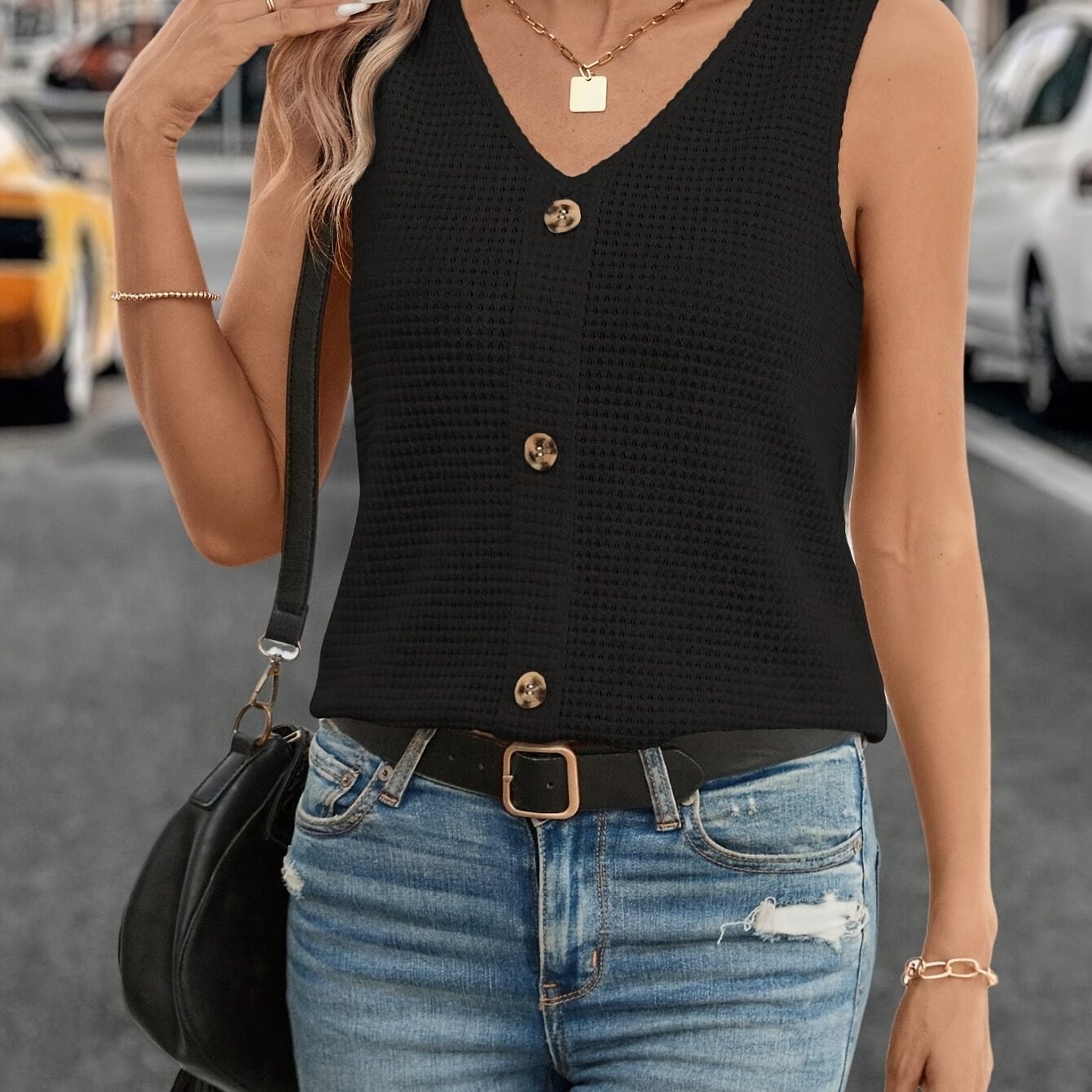 Women' Color Button Detail Waffle Mesh Vest, Vika Targeted