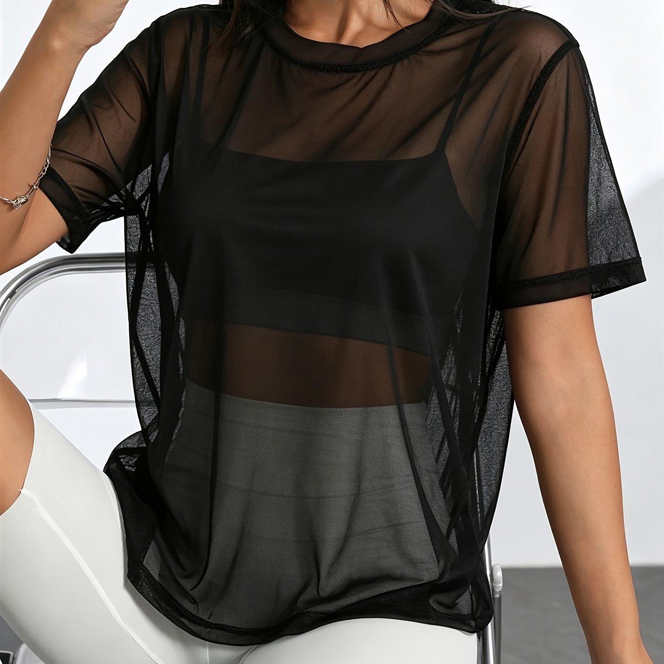 TEMU Women's Semi-sheer Mesh T-shirt - Breathable Quick-dry Longline Short Sleeve Suitable For Sports & Casual Wear, Round Neck Semi- Top, Machine
