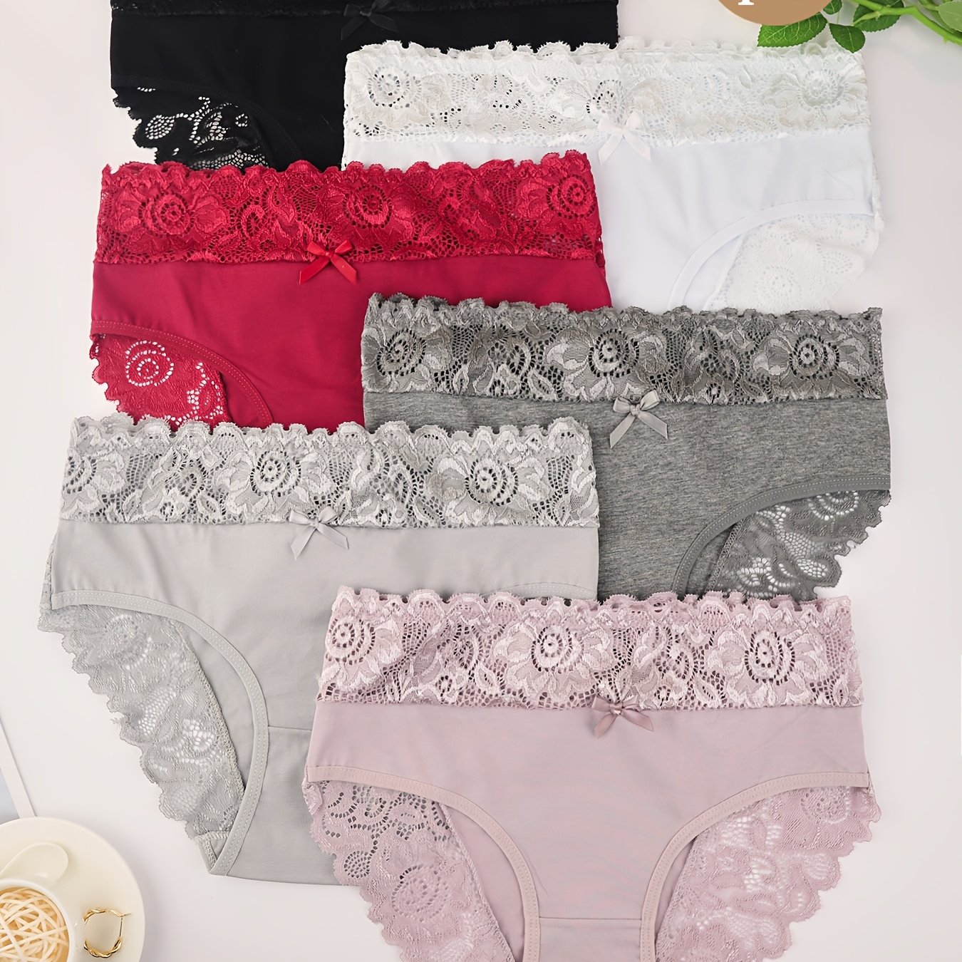 Image of 6pcs (6pcs) Women's High-waisted Thong Panties - Soft Breathable -string Underwear With Wavy Lace Trim & Bow, Multicolor Mix Non-sheer Briefs Suitable For Daily Wear, Hand Washable Lingerie