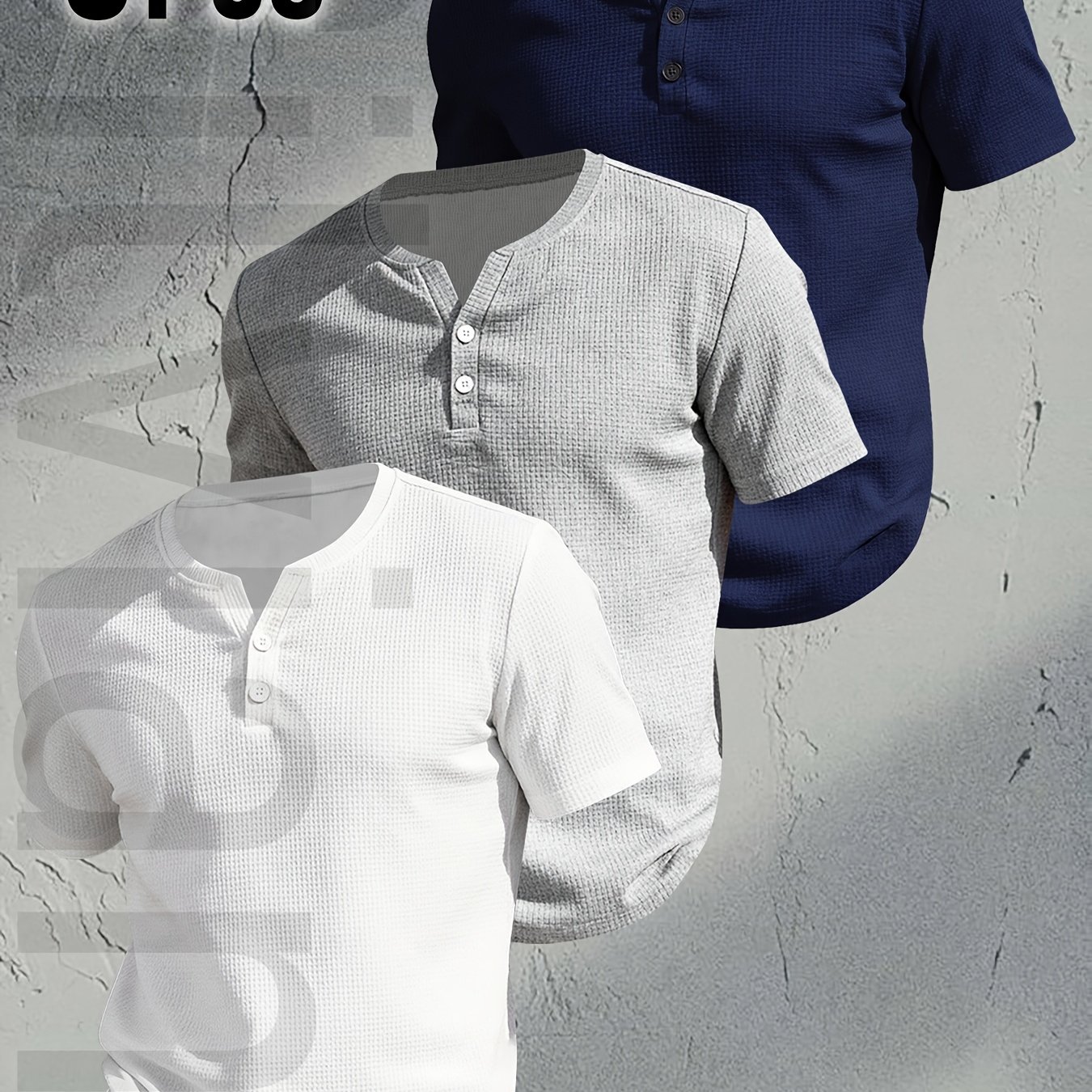 TEMU [ Mei Obm] 3pcs Men's Henley Short Sleeve T-shirt, Breathable Waffle Knit Casual Tee, Button Front Summer Top, Lightweight Solid Color Round
