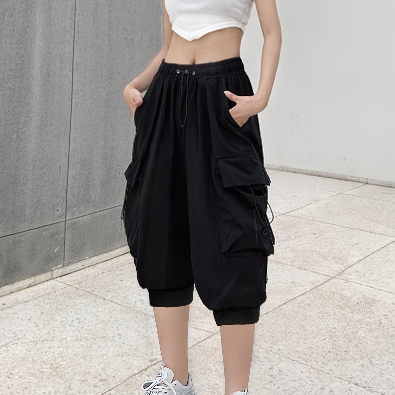 Image of New Plus Size Yoga Capri Pants With Side Flap Pockets, Drawstring And Button Waist, Women's Casual Sport Long Pants, Lightweight, Breathable, Cooling Cargo Pants