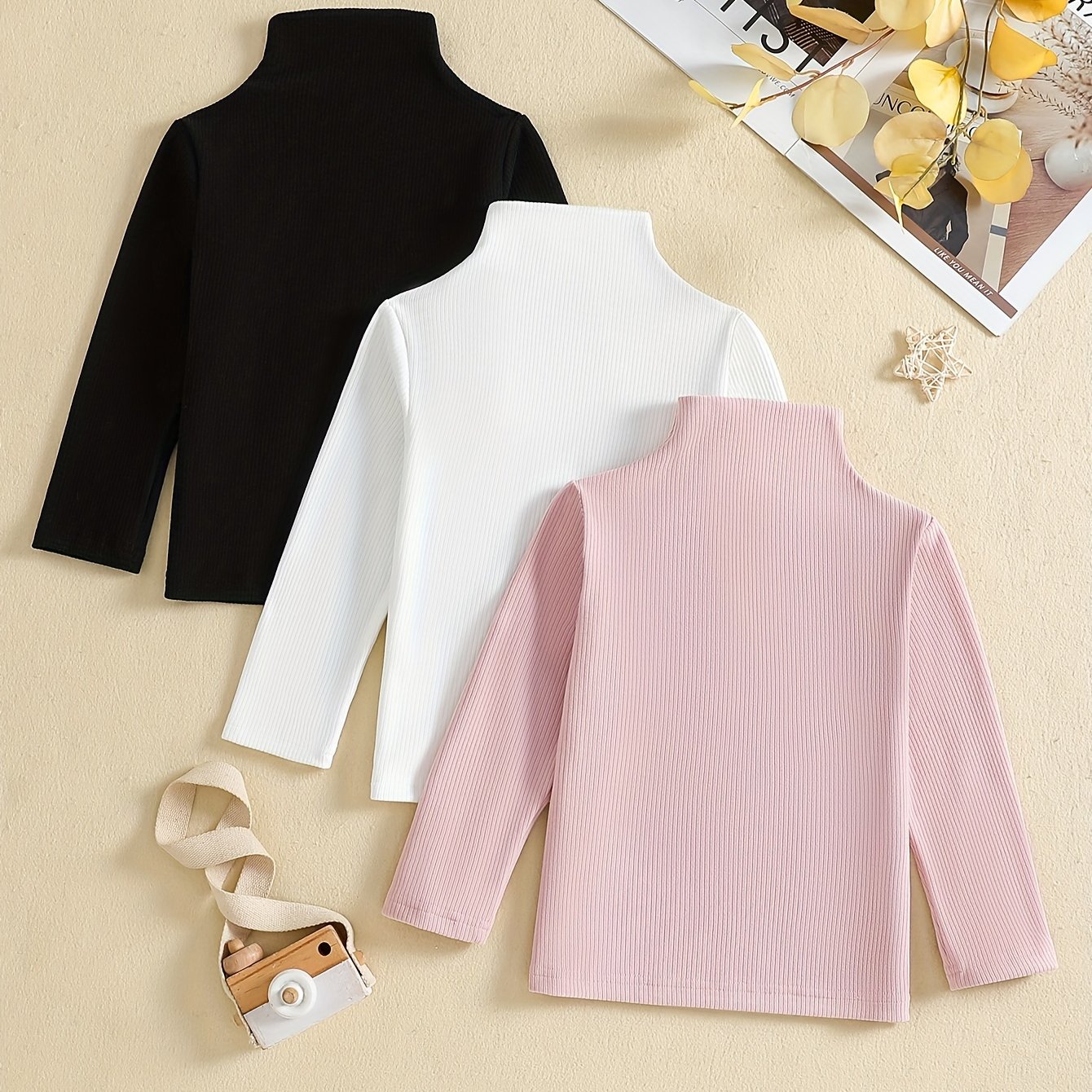 Image of 3pcs Girls' High-neck Long-sleeve Tops, Casual Solid Color Ribbed Thickened Pullovers, Girls' Base Layers For Spring, Autumn, And Winter,christmas,halloween