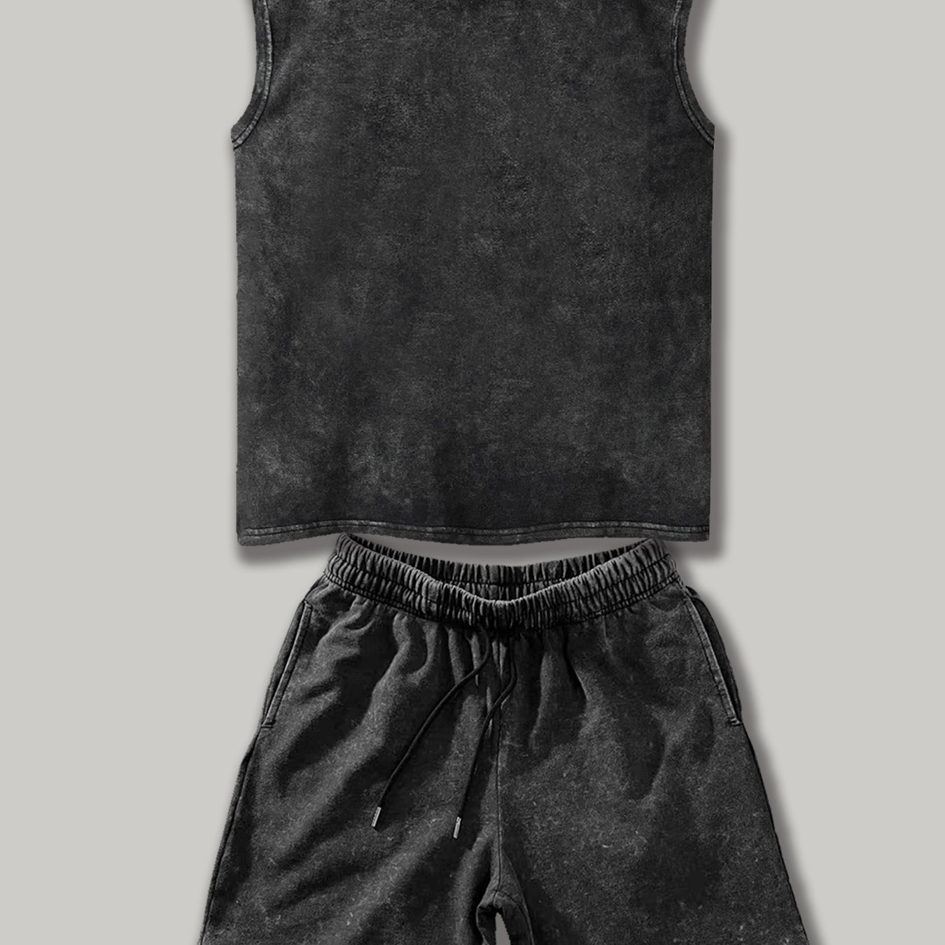 Image of Men's Washed Vest And Shorts Two-piece Set, Men's Easy And Fashionable , Washed And Old Effect, Suitable For Daily Wear, Sleeveless Black Vest And Shorts