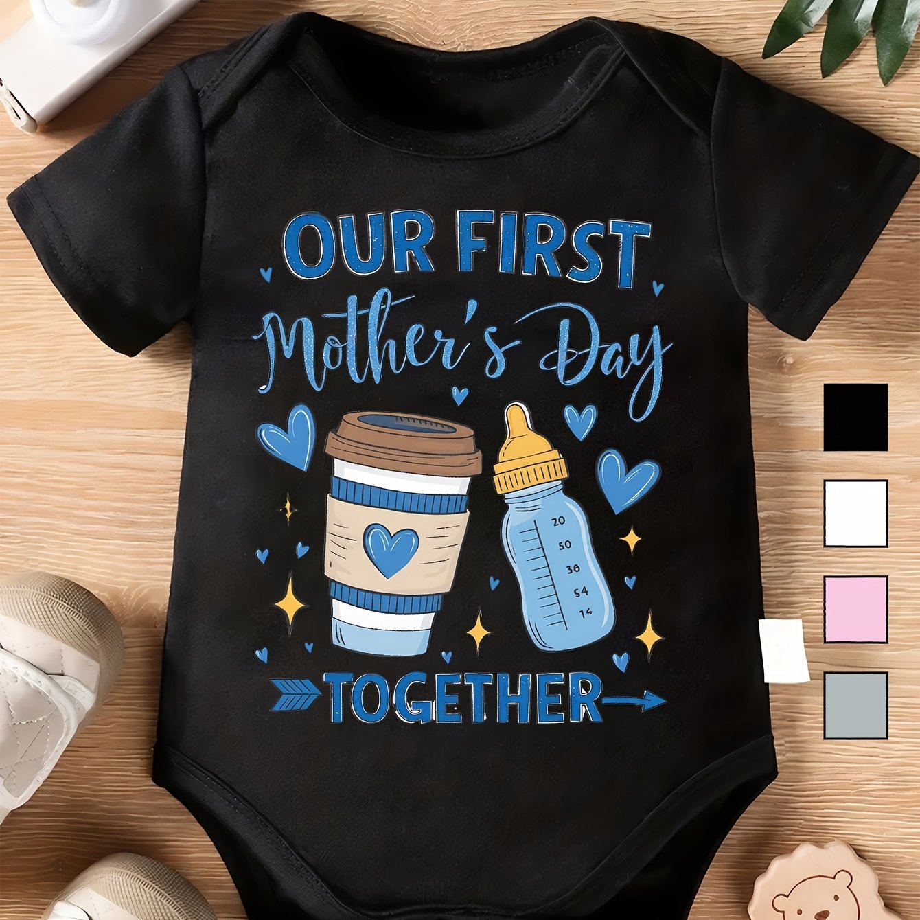 TEMU Our First Baby Onesie - Cute Soft Fabric, Short-sleeve Romper With Coffee Cup And , White, Black, Gray, Pink Options For 0-12 Months, Spring