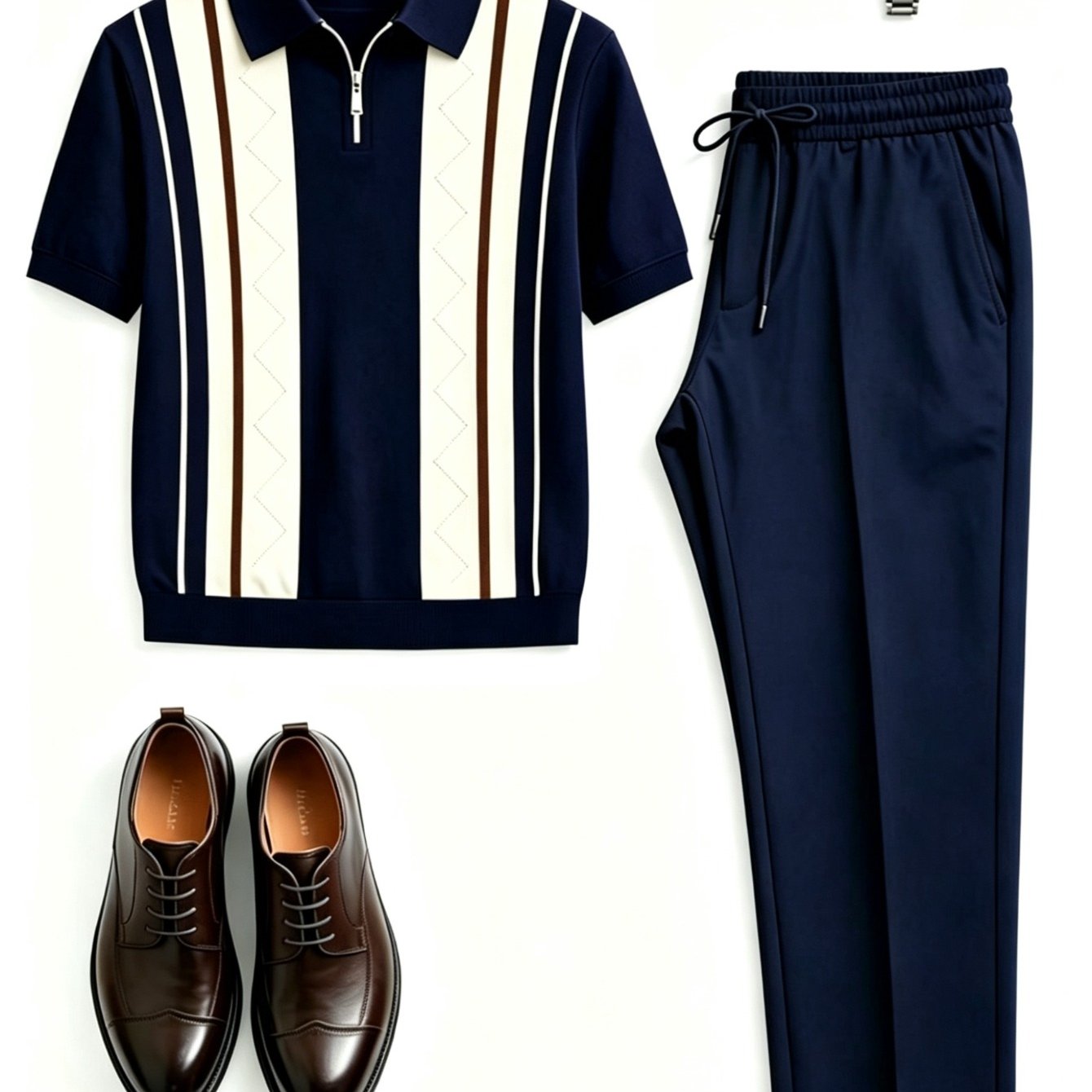 -end Men's 2pcs Set, Zipper Shirt + Draped Drawstring Casual Pants Set