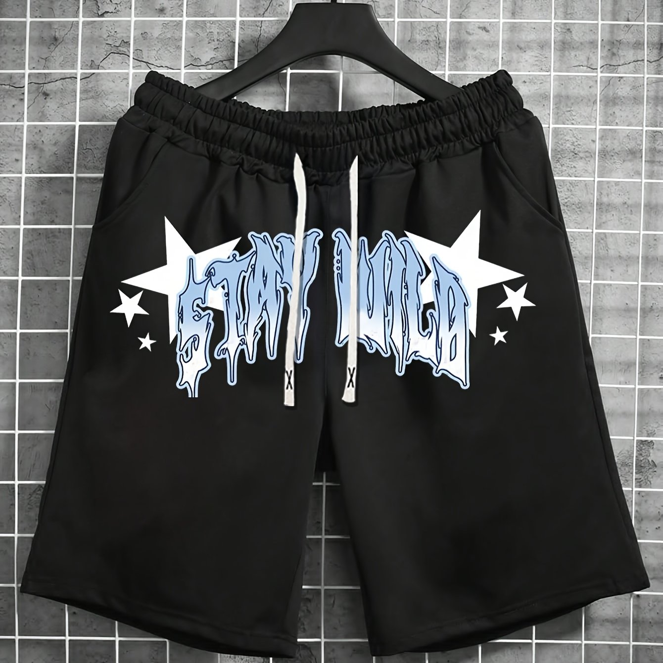 TEMU Men's Casual Drawstring Waist Shorts With Graffiti Alphabet Print, Knitted Fabric, Regular Fit, Summer Versatile Style, Drawstring Short