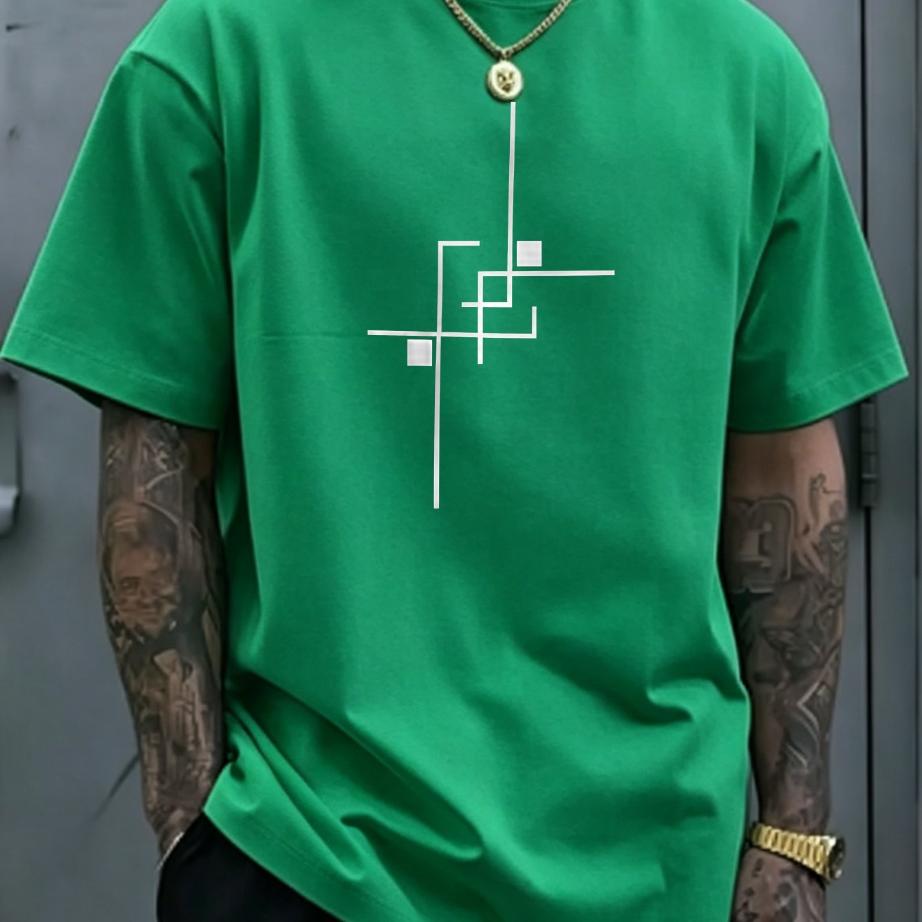 Image of Streetwear, T-shirt, Abstract Geometric Line Art Print, 100 Percent, Men Casual Daily Wear, Single Piece Pc