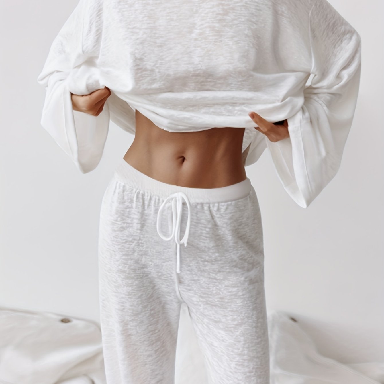 Image of Sexy Fashion White Round Neck Long Sleeve Pants Women's Loungewear Set