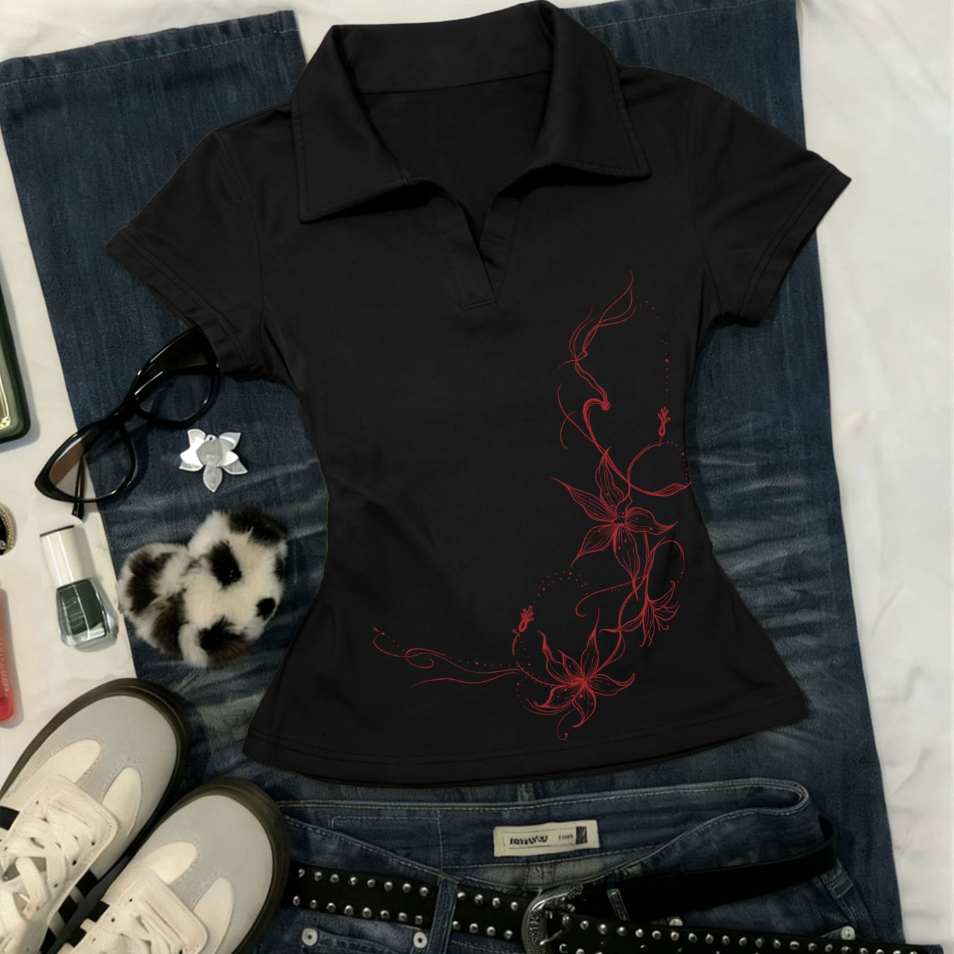 TEMU New Summer Y2k Gothic Style Collared Short-sleeved T-shirt, A Women' -style Slim-fit V-neck Short-sleeved T-shirt With A Flattering, Straight
