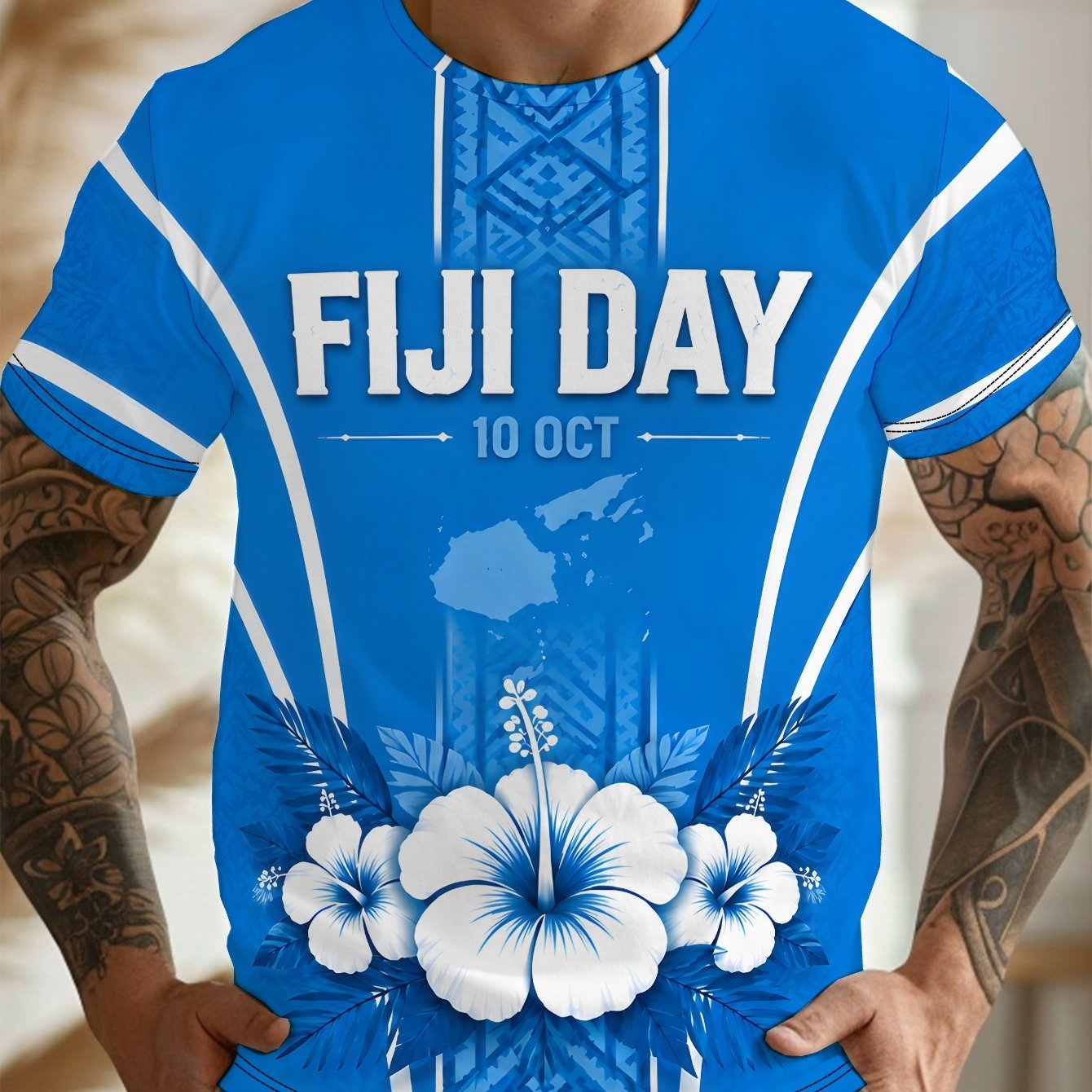 TEMU Hibiscus Map Celebration Casual Men's Sports T-shirt