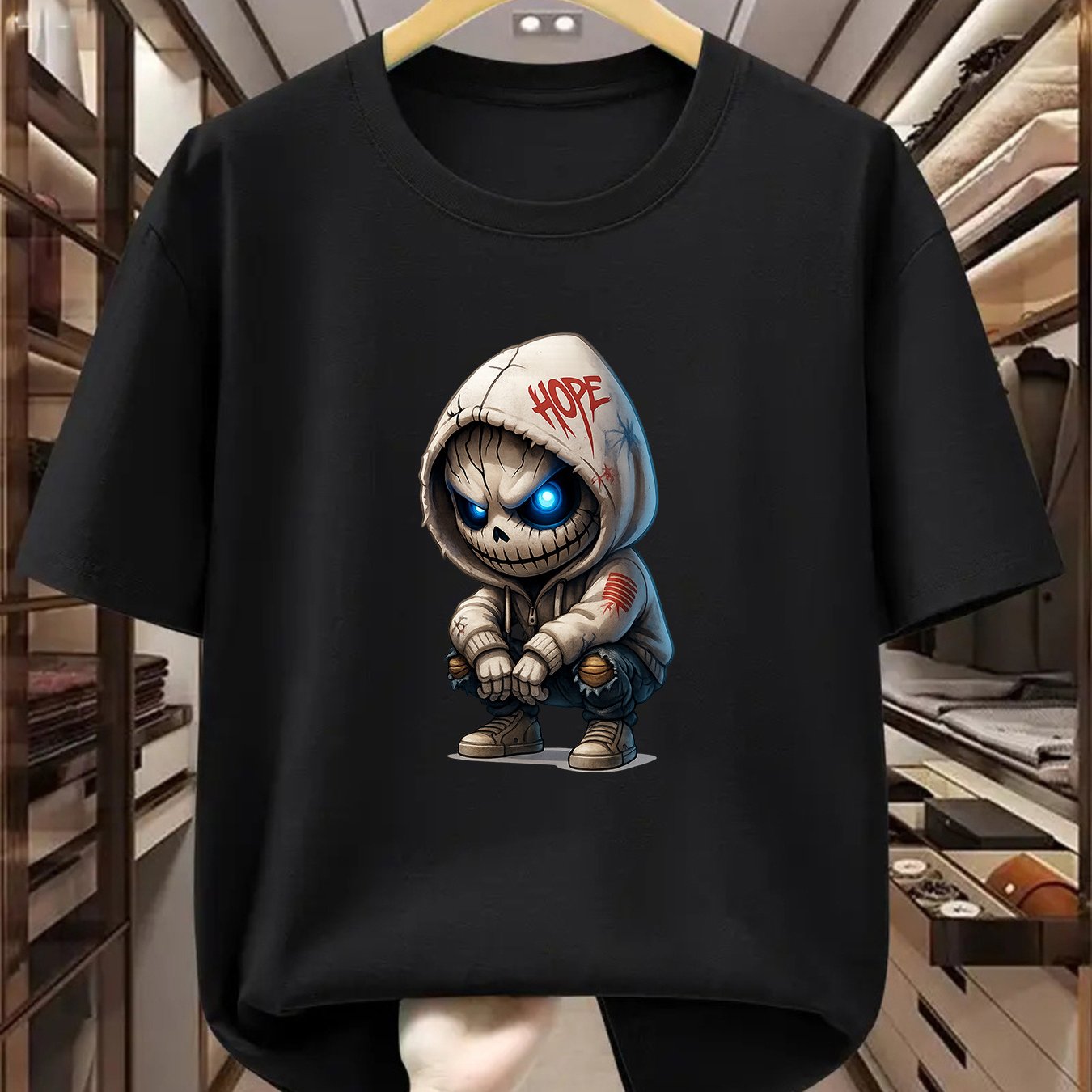Image of Plus Size Men's T-shirt 100% Cotton Hoodie With Cartoon Skull Graphic And " " Print, Comfortable Casual Short-sleeved T-shirt For Summer, Plus Size