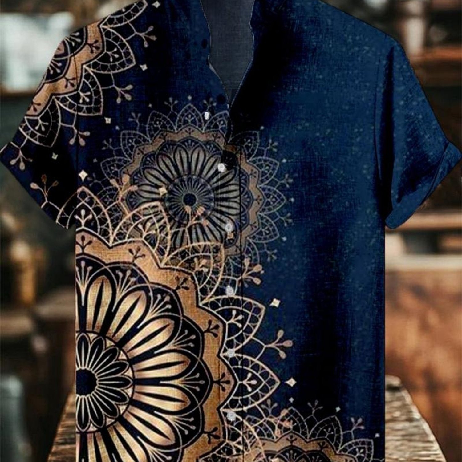 TEMU Men's Mandala-patterned Short-sleeve Shirt, Button-front, Polyester Fabric, Casual Daily Wear, Multiple Sizes, Mixed Colors, Bohemian-inspired,