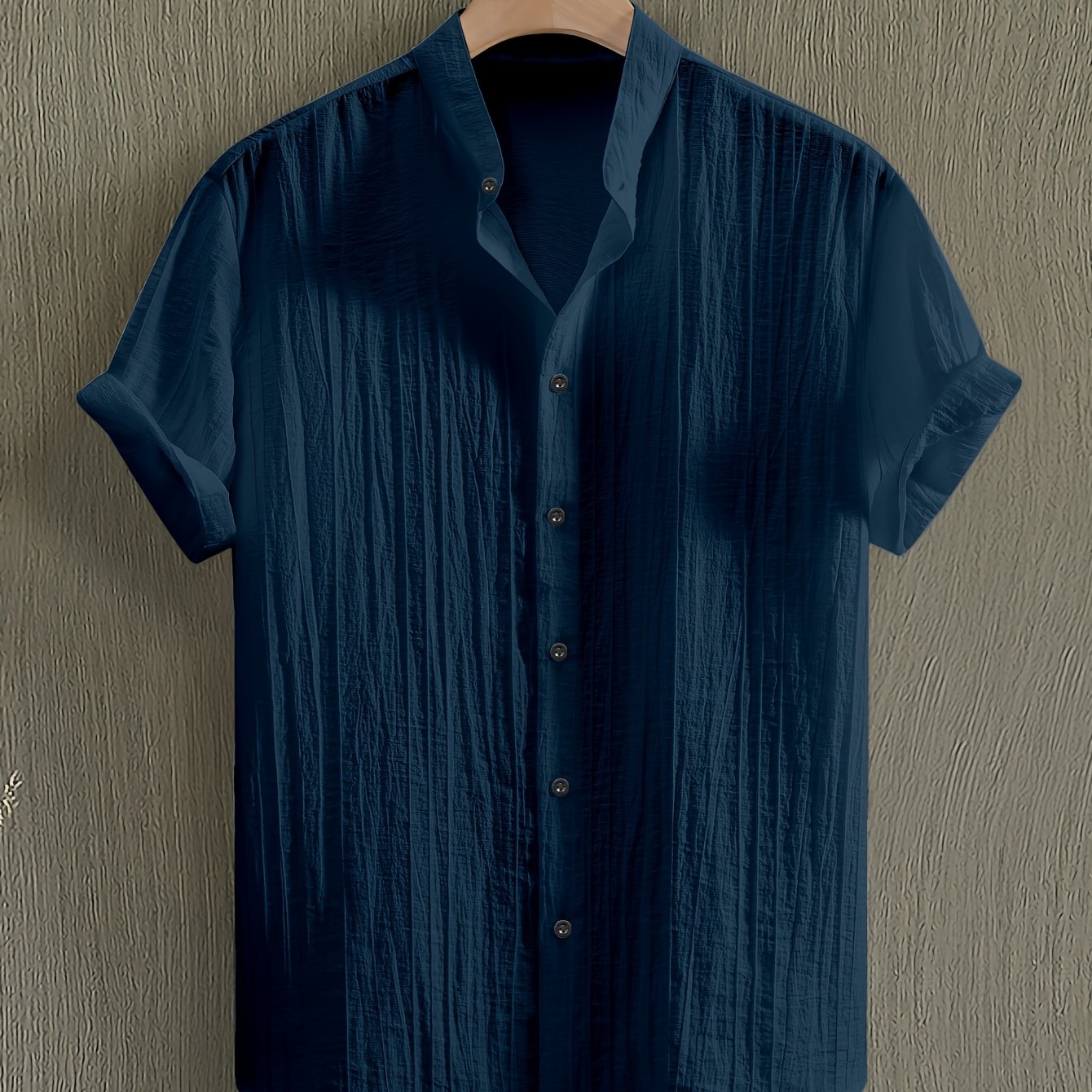 TEMU Obm Men's Summer Solid Color Semi-transparent Short Sleeve Casual Stand Collar Shirt, Button-up Fashion Versatile Shirt For Beach Vacation Pool