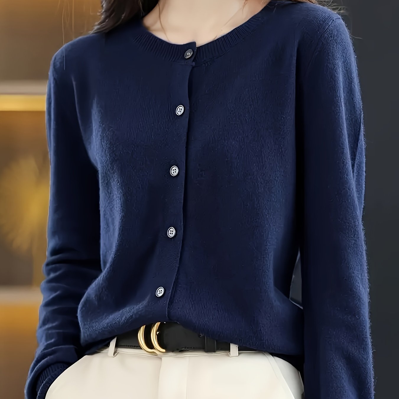 TEMU Women's Round Neck Cardigan, Spring/autumn Lightweight Long-sleeve Button-up Outerwear, Slightly Loose-fitting Cropped Knitwear, Casual Commuter