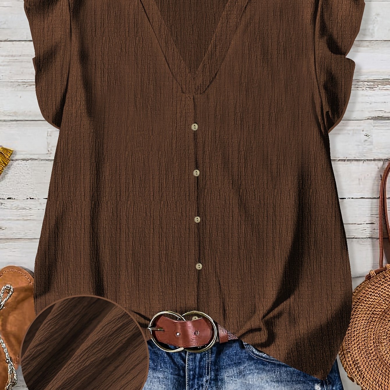 TEMU Haut pour femme grande taille, col en V, manches courtes, couleur unie, confortable, simple, élégant, décontracté, pour , les vacances, , ample,