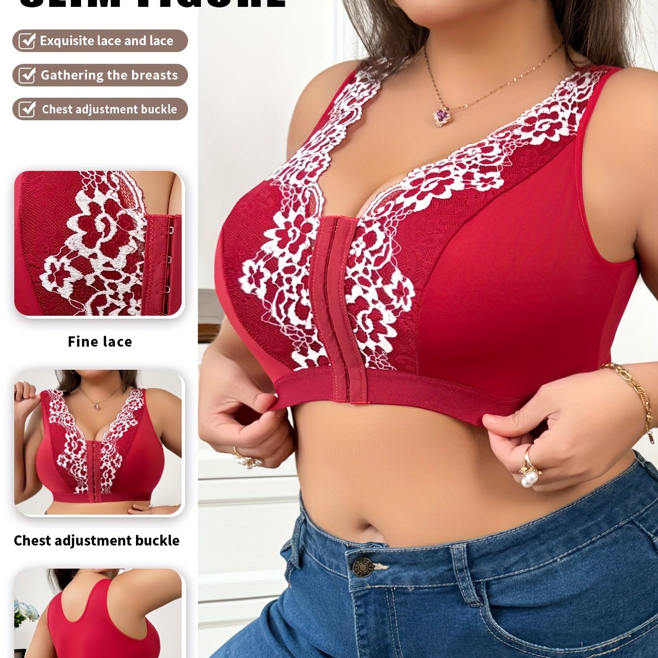 Red Plus Size Lace Front Closure Bra