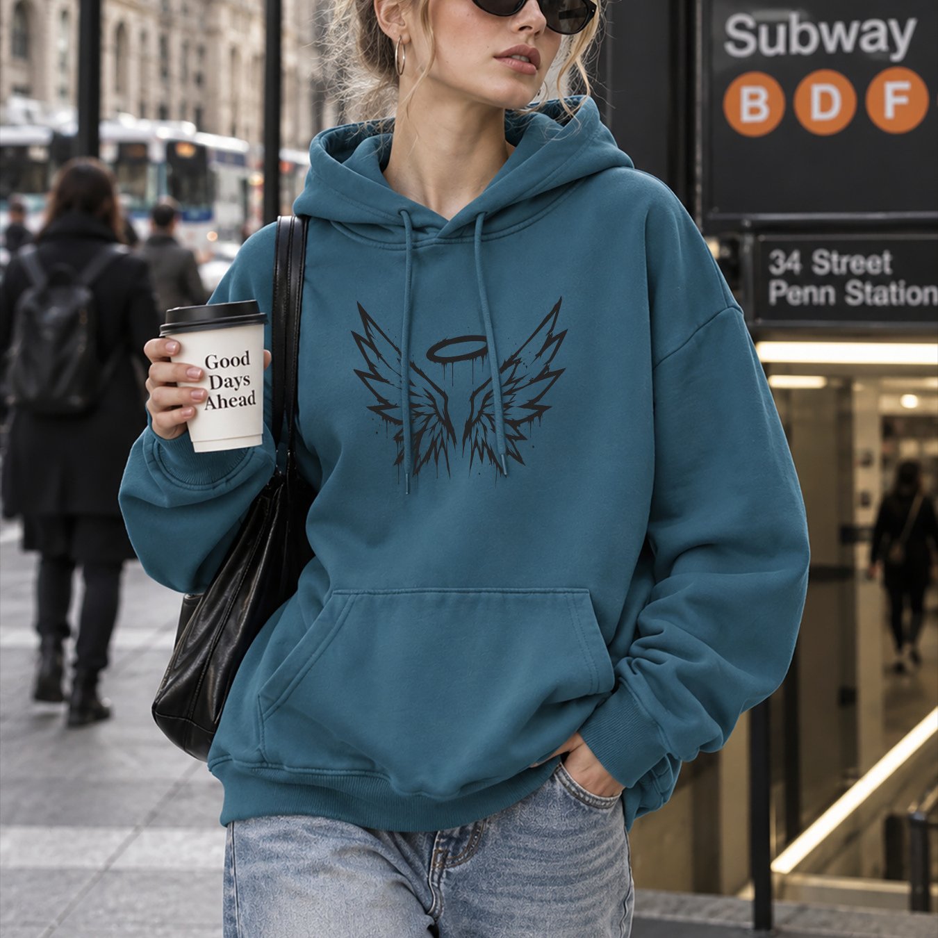 Image of Fall Women's Stylish Loose-fit Drop-shoulder Hoodie, Wings Print Design, Street Style Comfortable Pullover, Perfect For ' Daily Wear, Essential Fall Winter Casual Pocket Drawstring Top