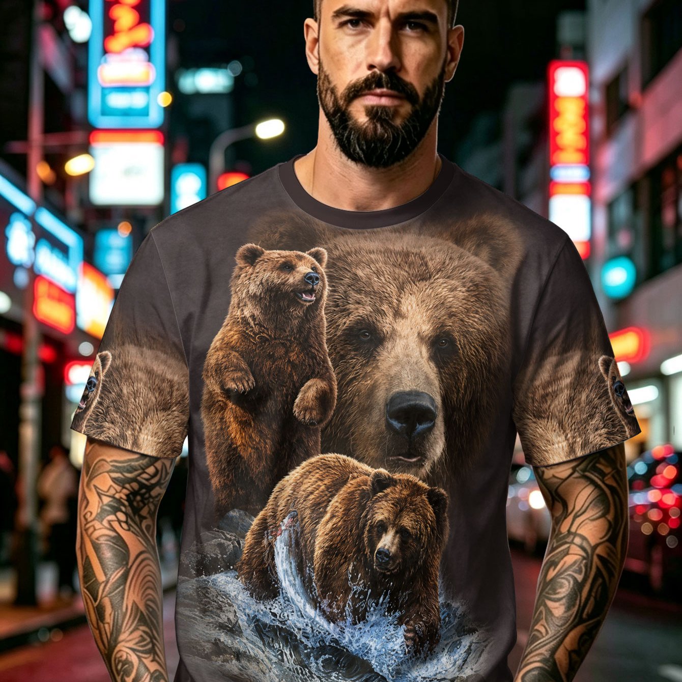 TEMU Bear Pattern Crew Neck T-shirt Men Casual Retro Outdoor Relaxed Fit Hiking Camping Fishing Travel Adventure Nature