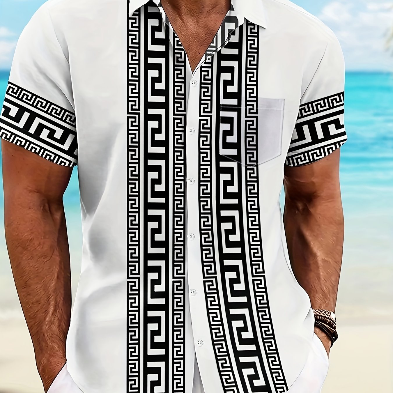 TEMU [gentle] Men's Casual Summer Button-up Shirt With Geometric Print â White Short Sleeve, Polyester Fabric, Machine Washable, Perfect For Beach O