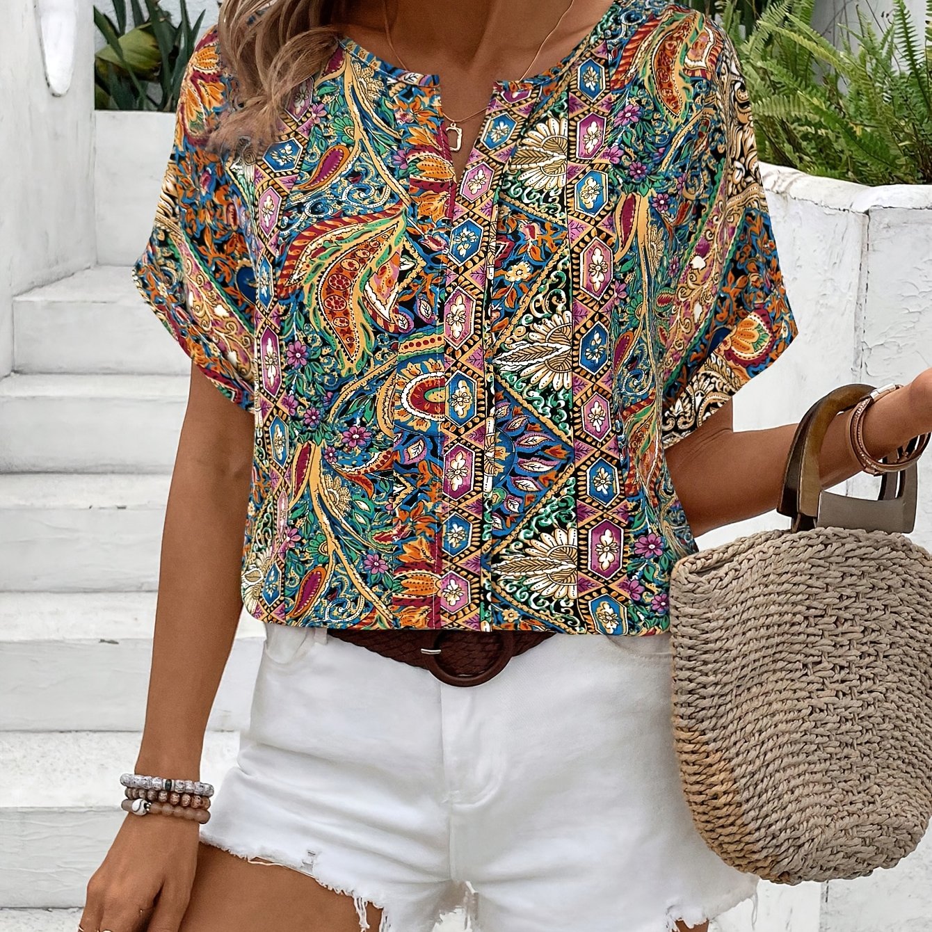 E-shop Damen Sommer V-Ausschnitt schulterfreies, locker geschnittenes, elegantes, lässiges Urlaubs-Style Shirt