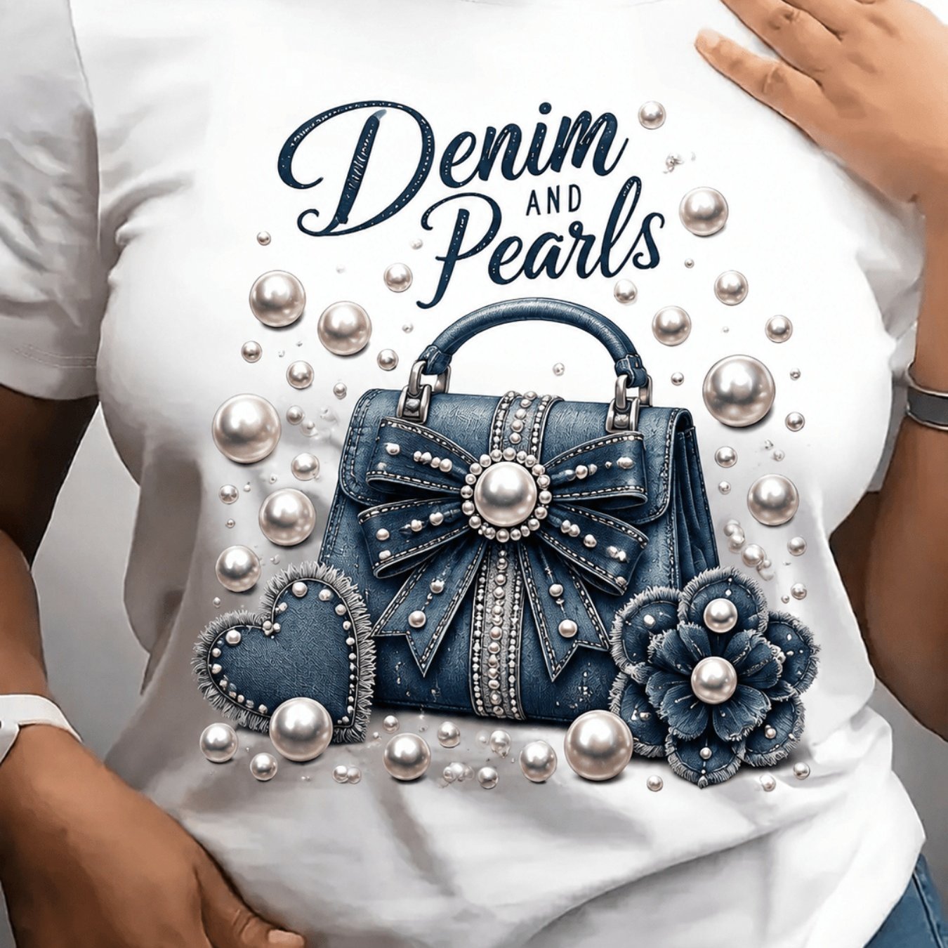 TEMU Plus Size, , Denim Handbagplus Size, Casual Shortsleeved Round Neck Top, Mediumstretch Fabric, Machine Washable, For , Tshirt With Unique