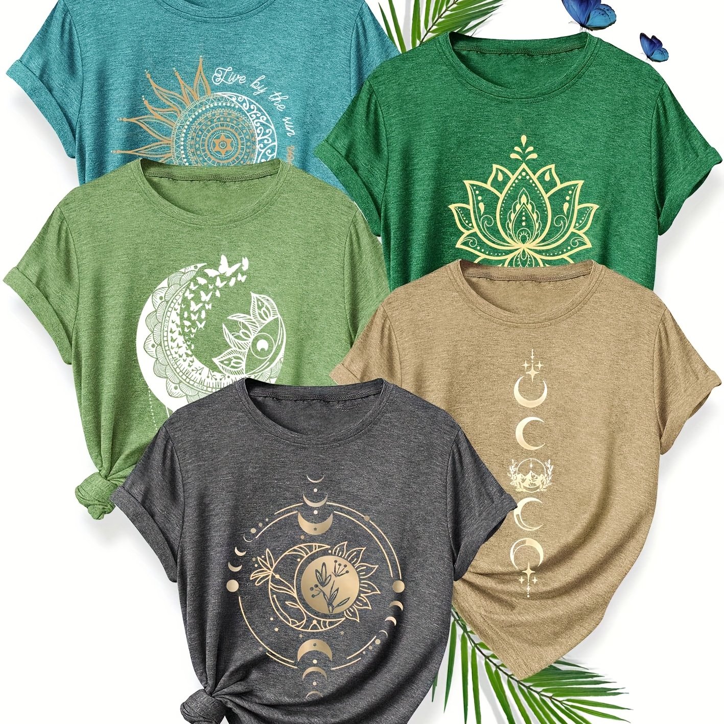 TEMU Ein Set aus 5 stylischen und retro-ästhetischen T-Shirts mit Blumen- und Mond-Print für Damen, mit einem einfachen und klaren Linien-Design, für
