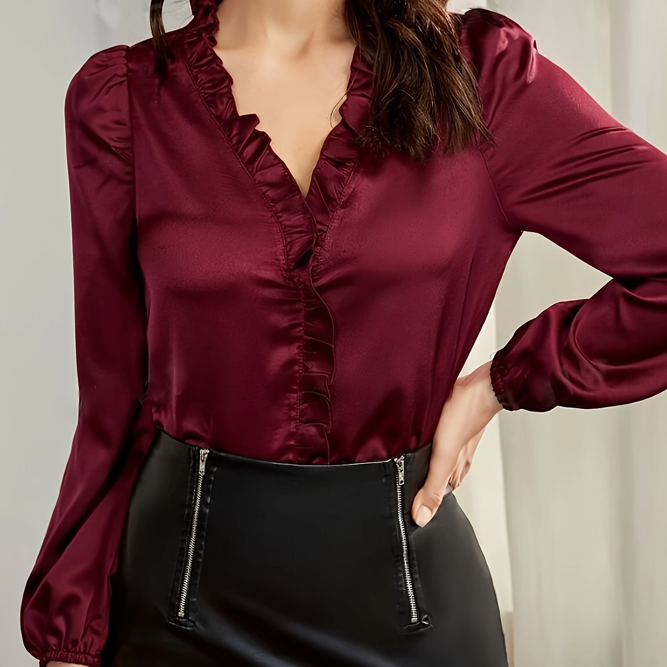 TEMU Ruffle Trim Long Sleeve Blouse, Elegant Solid V Neck Blouse For Spring & Fall, Women's Clothing
