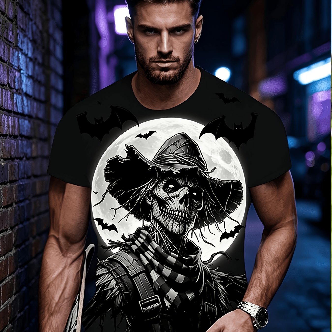 TEMU Men's Oversized Dark T-shirt - Gothic Print Short Sleeve Crew Neck Tee, Loose Fit Casual Summer Top With Design, Machine Washable Suitable For