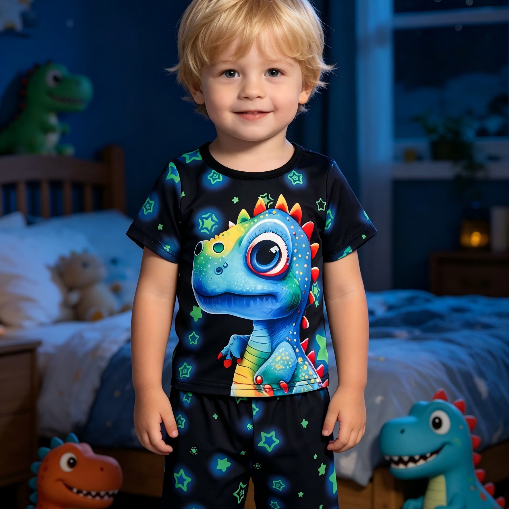 Image of 2pcs Boys' Underwear Set - Cartoon Dinosaur Print Short Sleeve Crew Neck T-shirt And Shorts, Clothing For Boys, Light