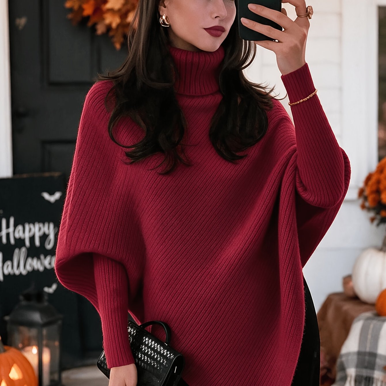 TEMU Nouveau pull d'automne/hiver pour femme à col montant, manches chauve-souris, surdimensionné, côtelé, ourlet irrégulier, style décontracté, haut