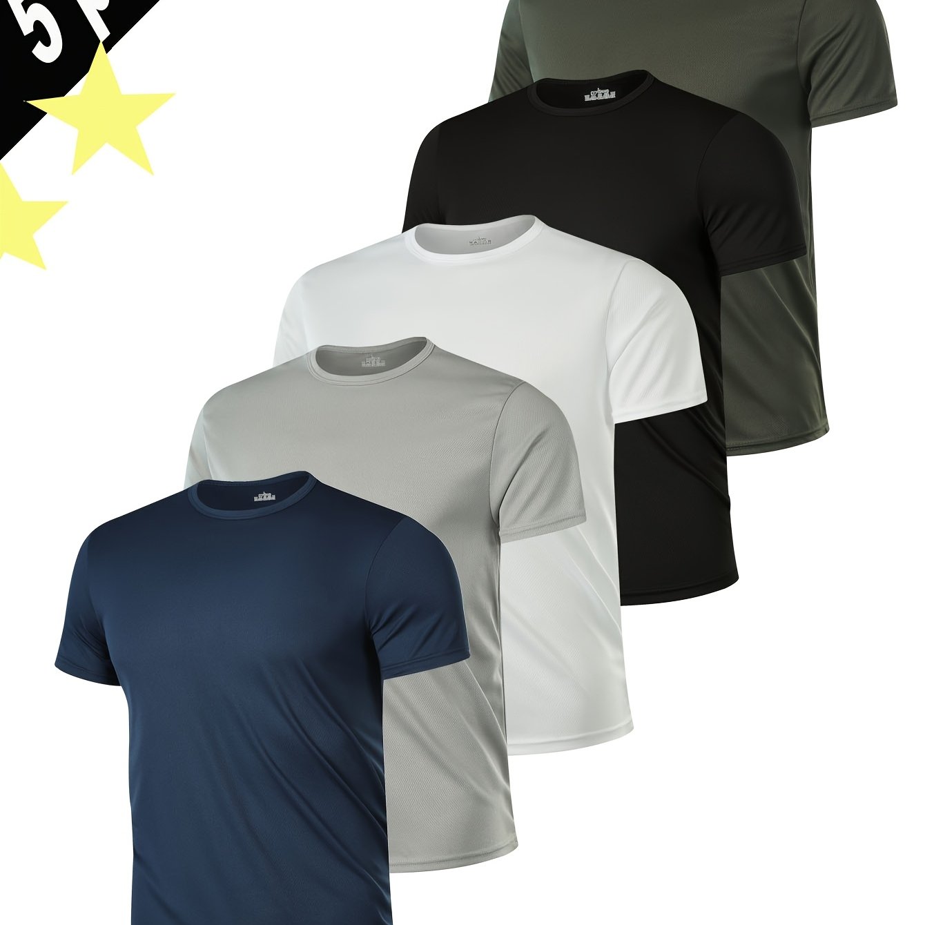 5pcs Men's Quick-dry Crew Neck T-shirts - Soft, Comfortable Polyester, Solid Colors For Casual & Outdoor Wear, Regular Fit, Short Sleeves