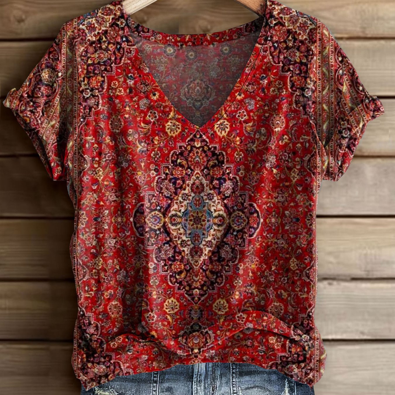 TEMU Plus Size - Ladies' Retro Persian Carpet Pattern V-neck Short Sleeve T-shirt Bohemian Red Loose Spring/summer Casual Top 0xl-5xl