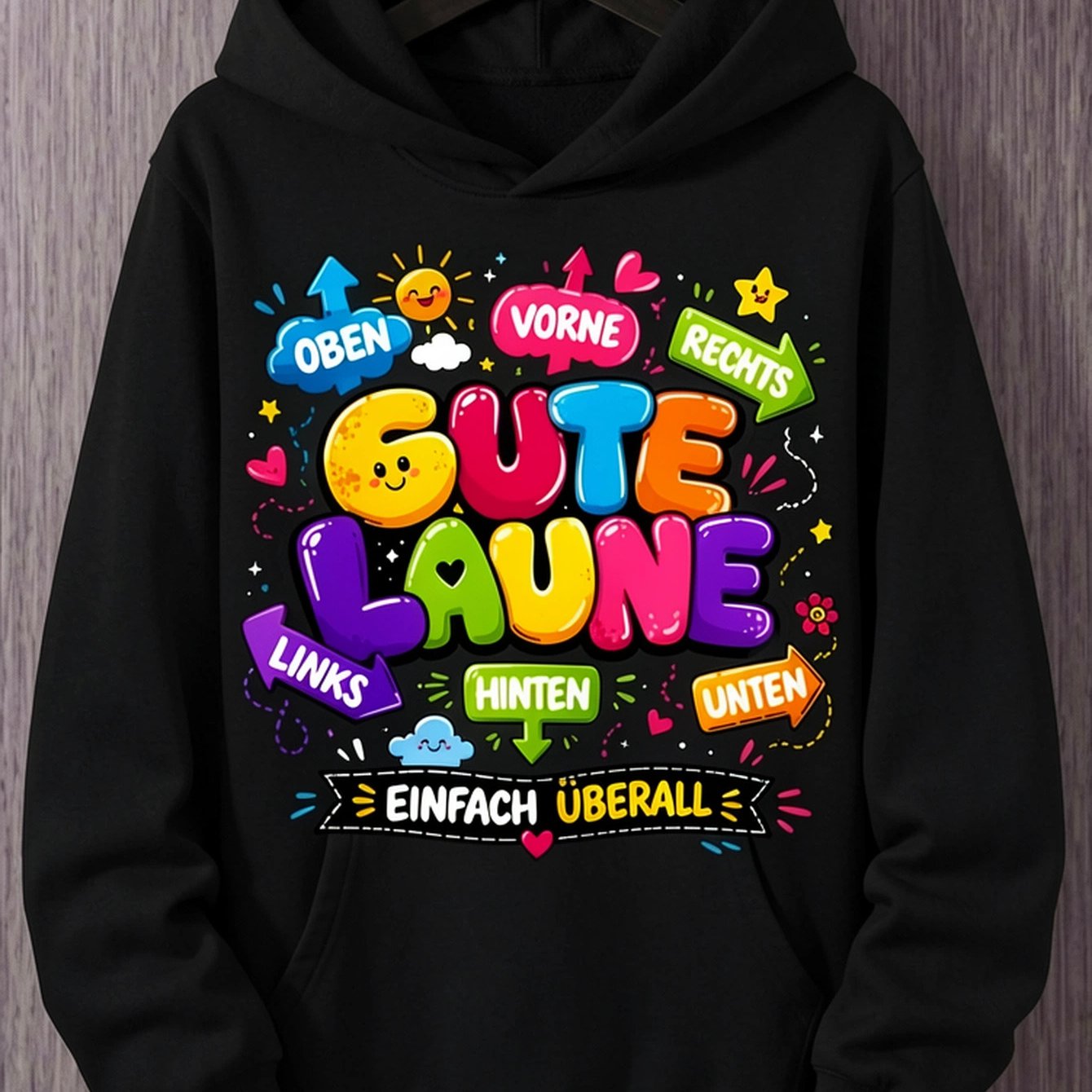 Image of Everywhere Graphic Hoodie, Unisex Hooded Sweatshirt, Colorful German Quote Pullover With Long Sleeves And Kangaroo Pocket, Relaxed Casual Streetwear Top For Fall Winter, Daily Wear, Travel And
