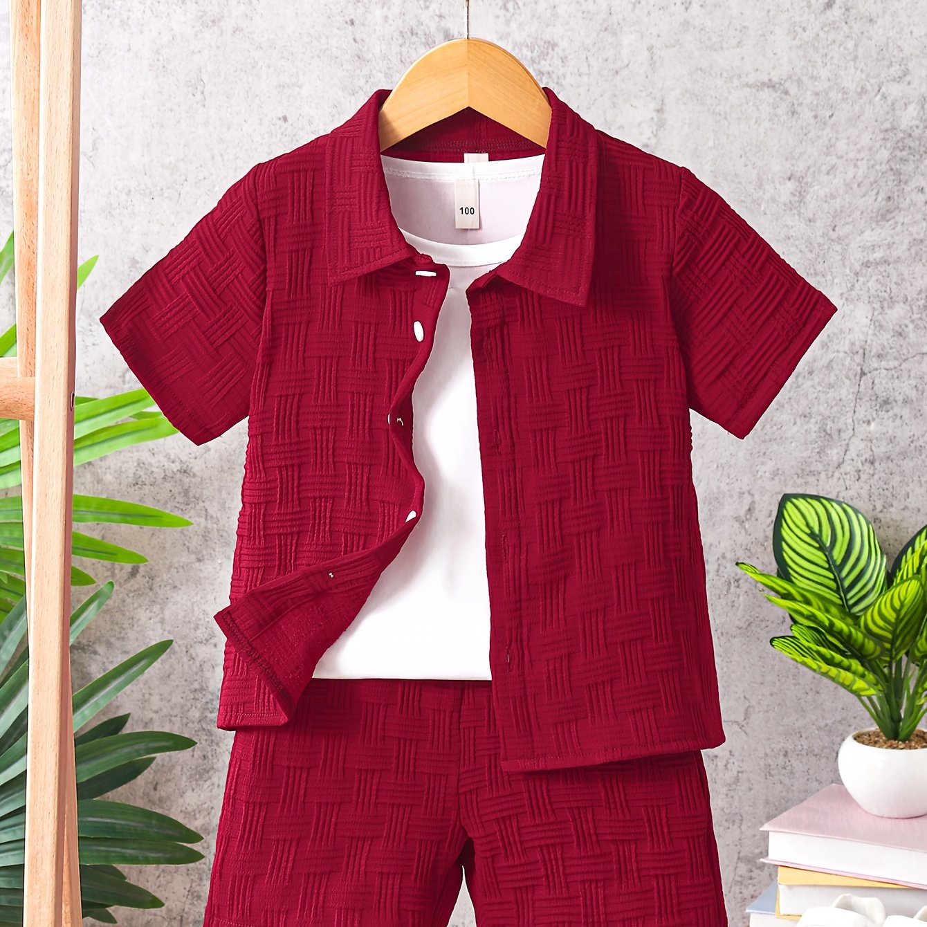 TEMU Boys' Short Shorts Set Red/khaki Solid Color Shirt Top And Matching Fabric Elastic Waist Shorts, Lightweight Comfortable Versatile Trendy Sports