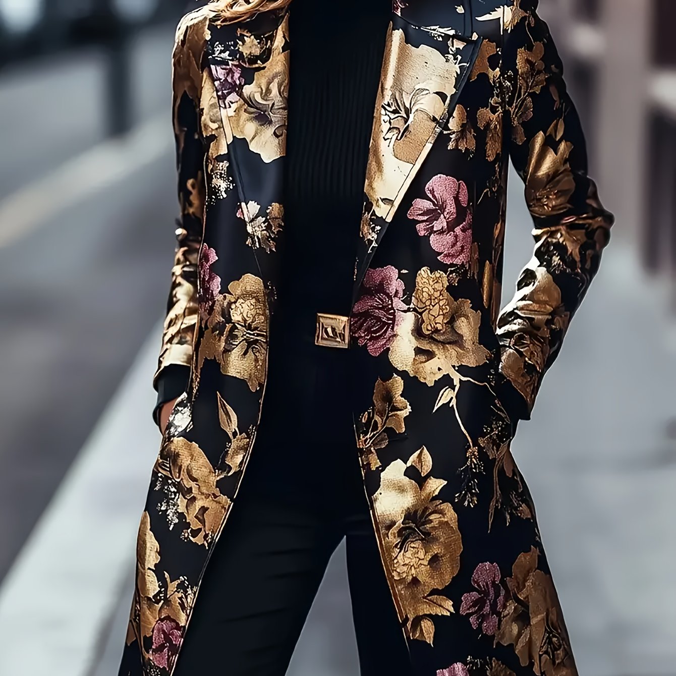 Mid-length Long-sleeve Floral Patterned Blazer With A Notched Lapel