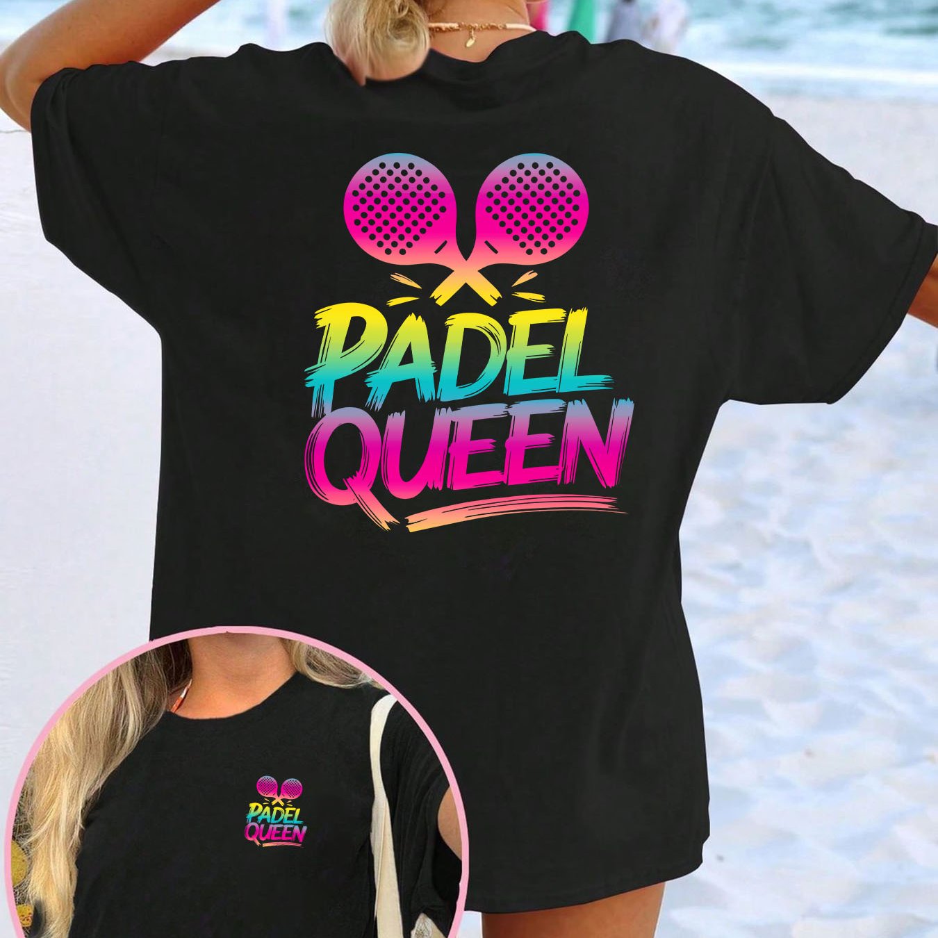 TEMU Ladies' Casual Sports T-shirt | Crew Neck, Short Sleeve, High Stretch Fabric, "padel Queen" Double-sided Print, Fashionable Loose Fit, Suitable