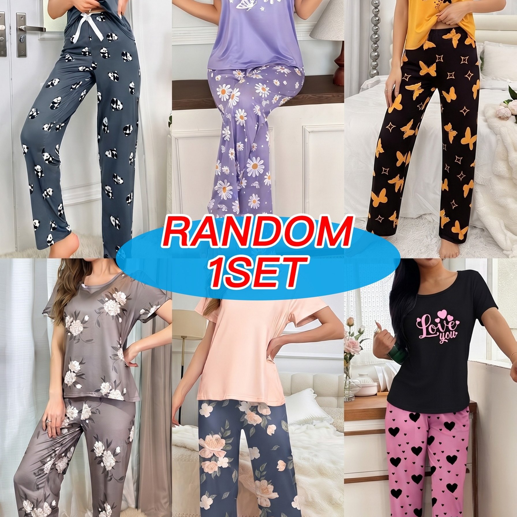 TEMU Women's Random 1 Set Pajamas, Short Sleeve Top And Long Pants, Assorted Prints Loungewear