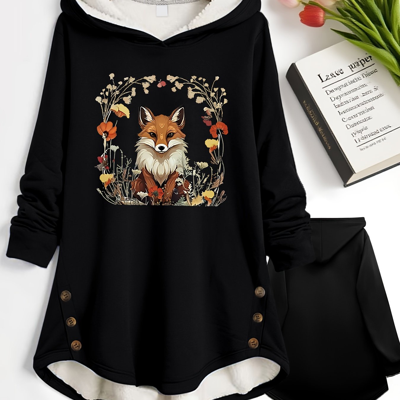 TEMU This Women's Autumn And Winter Warm Hooded Coat Features A Button Design, A Lined Hood, Printed Patterns On The Hoodie, And A . Washable,