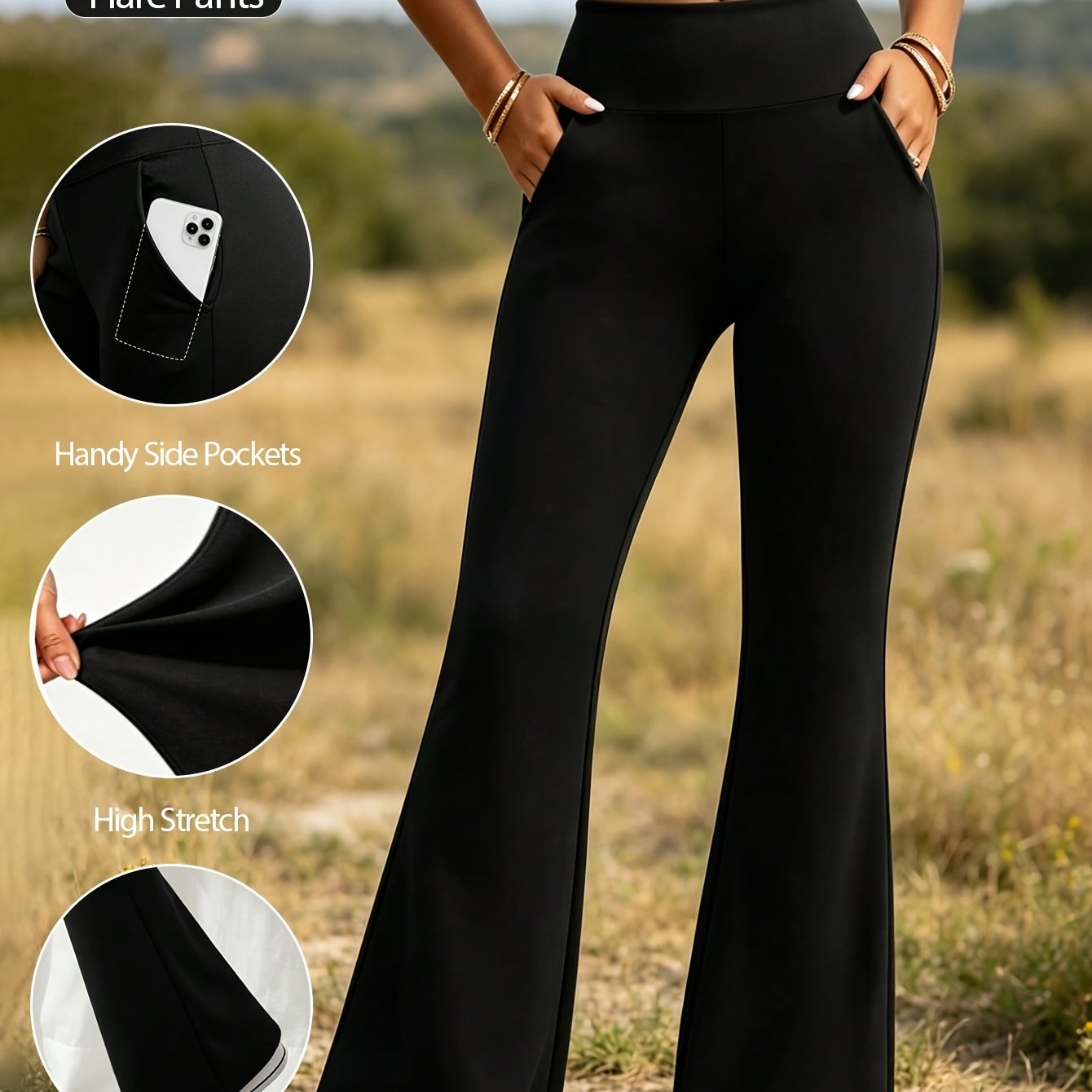 TEMU Women's High Waist Loose Tummy Control S Set S Pants Flare Pants Solid S Pants Lifting Basic Flare Pants Black