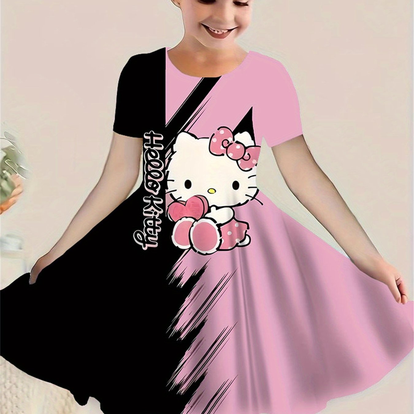 Hello Kitty Short-sleeve Dress - With Hello Kitty Print & Iconic Suitable For Kids, Spring Summer Outfits, Casual Playwear Dress For, Parties (hand Washable)