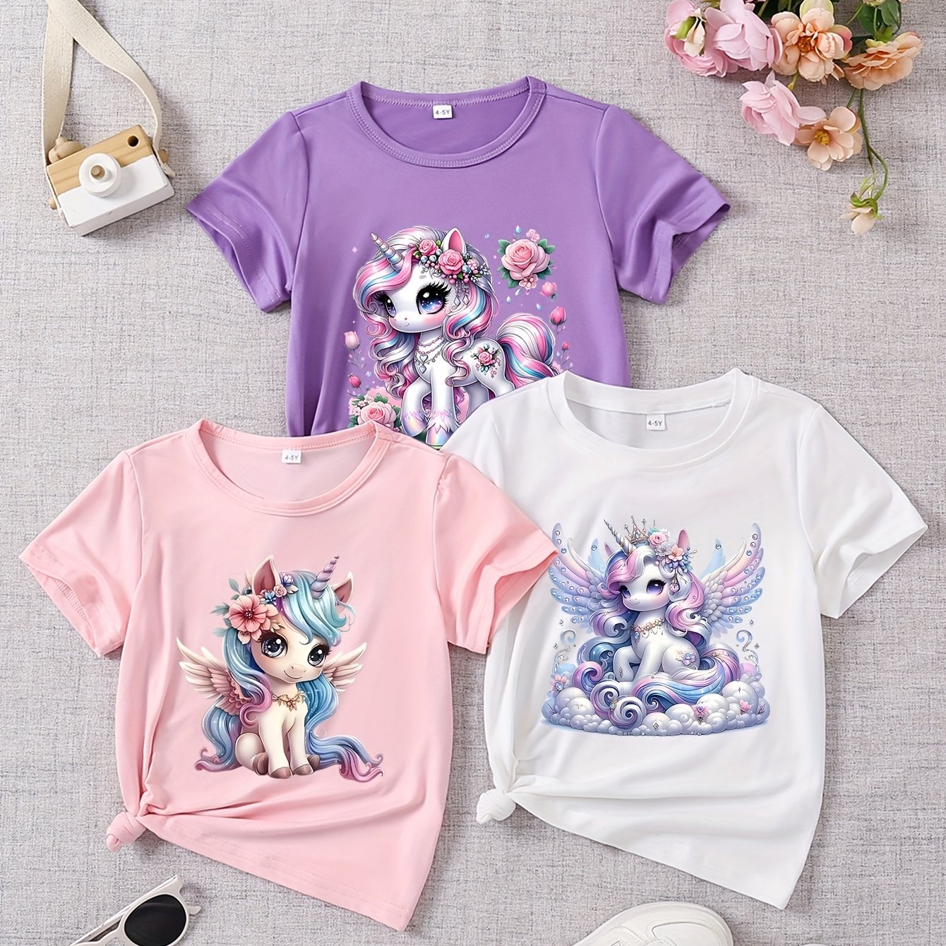 E-shop 3er-Set Mädchen Sommer Kurzarm Cartoon Big- Verspielte Einhorn Print T-Shirts