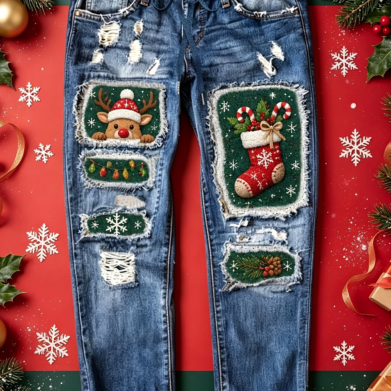 Image of Plus Size Women's Blue Mid-rise Christmas Stocking Print Patch Distressed Drawstring Straight Leg Jeans - Vintage Washed Holiday Denim Pants For
