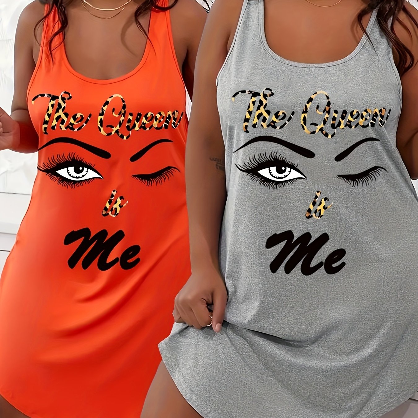 Image of Spring/summer Two- Size Women's Tank Top Pajamas, Printed Round Neck Curved Hem Tank Sleep Dress, Plus Size Summer Cool Loungewear