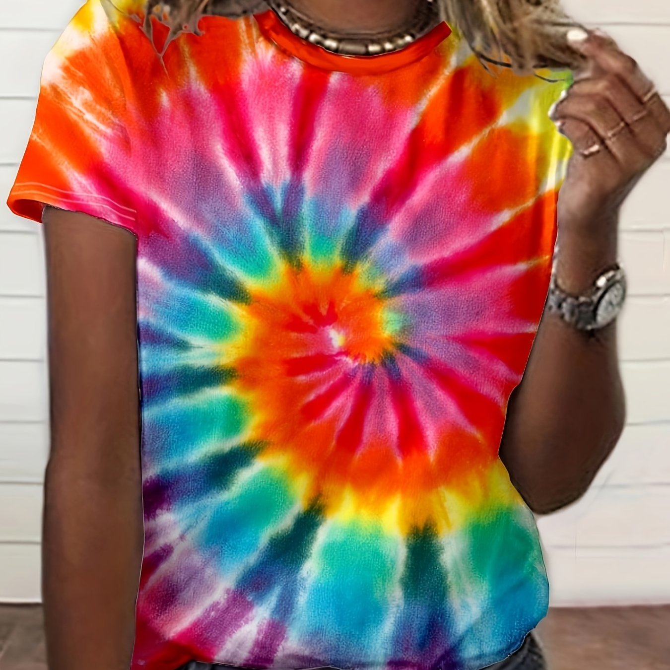 Image of Women's Summer Casual Short Sleeve T-shirt - Vibrant Tie-dye Print, Round Neck Regular Fit Machine Washable Top For Casual Attire, Cute Shirts For Summer, Smooth Texture Fabric