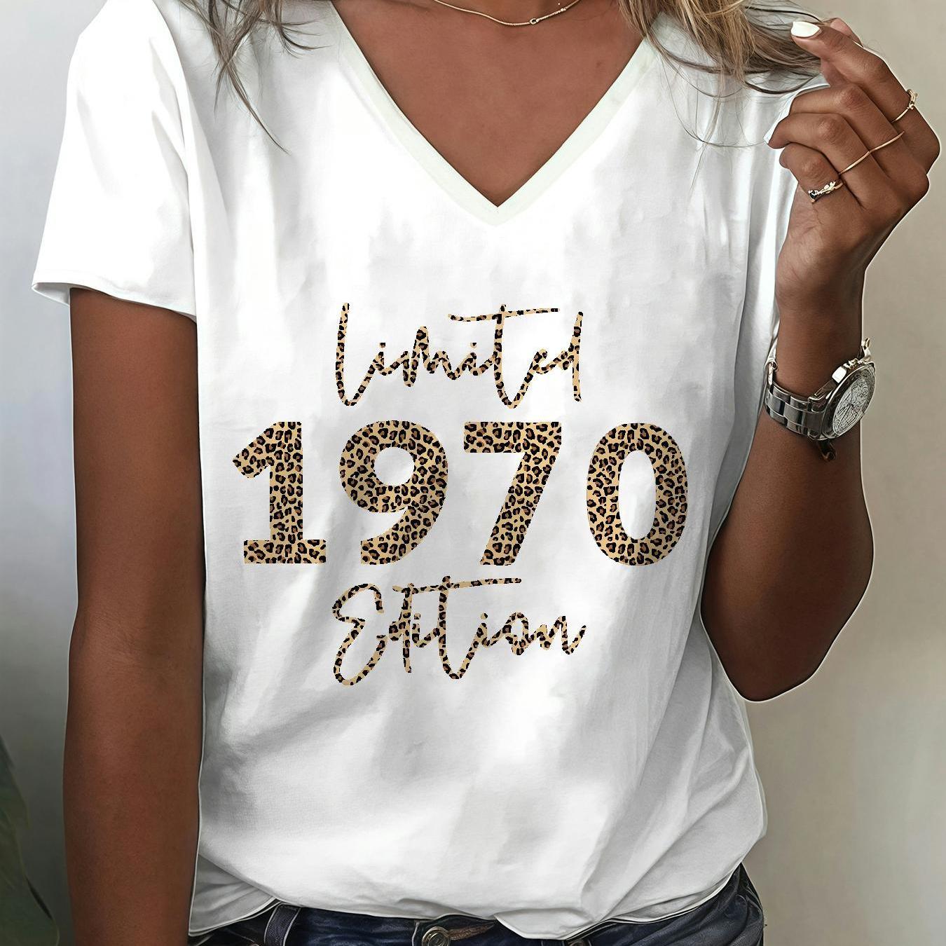 TEMU T-shirt Vintage Femme Années 1970 - Édition Limitée Imprimé 70s avec Numérotation Dorée & Graphismes Disco, Décolleté en V Manches Courtes pour