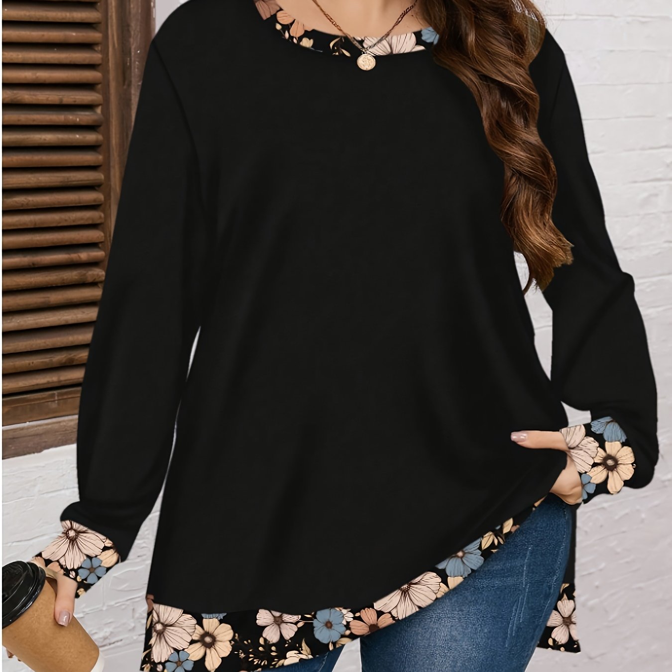 TEMU Plus Size, Women's Plus Size Casual Color Block Top